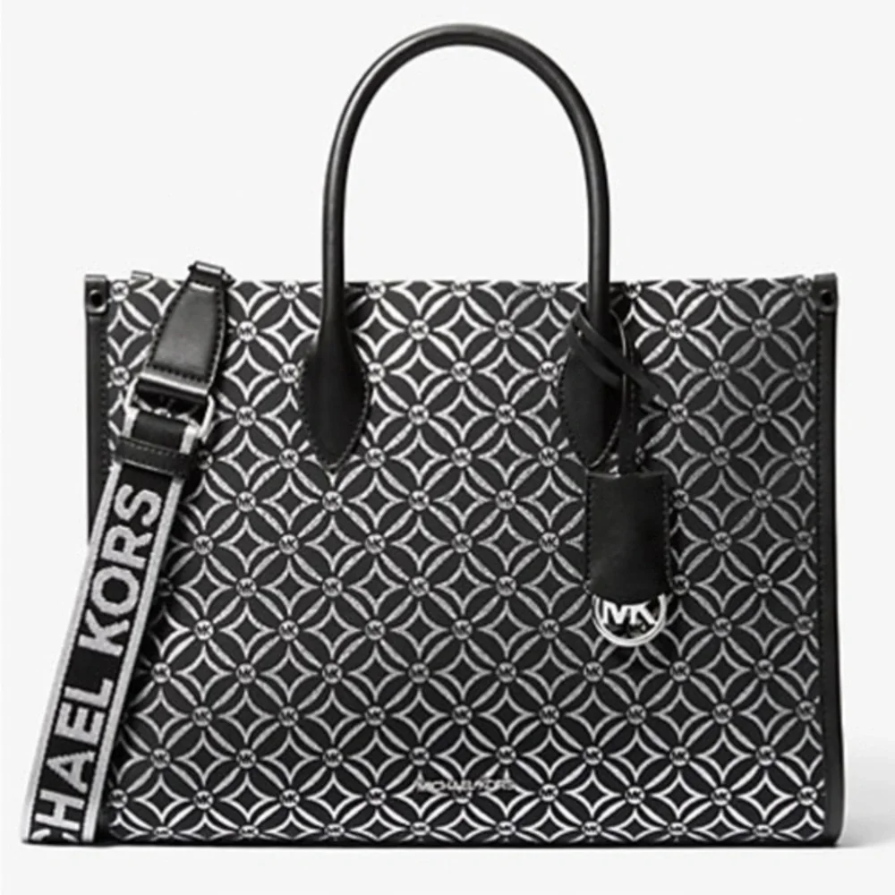 Michael Kors Mirella Medium Metallic Logo Jacquard Tote Bag Black